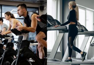 grupo de pessoas em um treino de bicicleta e uma mulher na esteira simulando uma caminhada